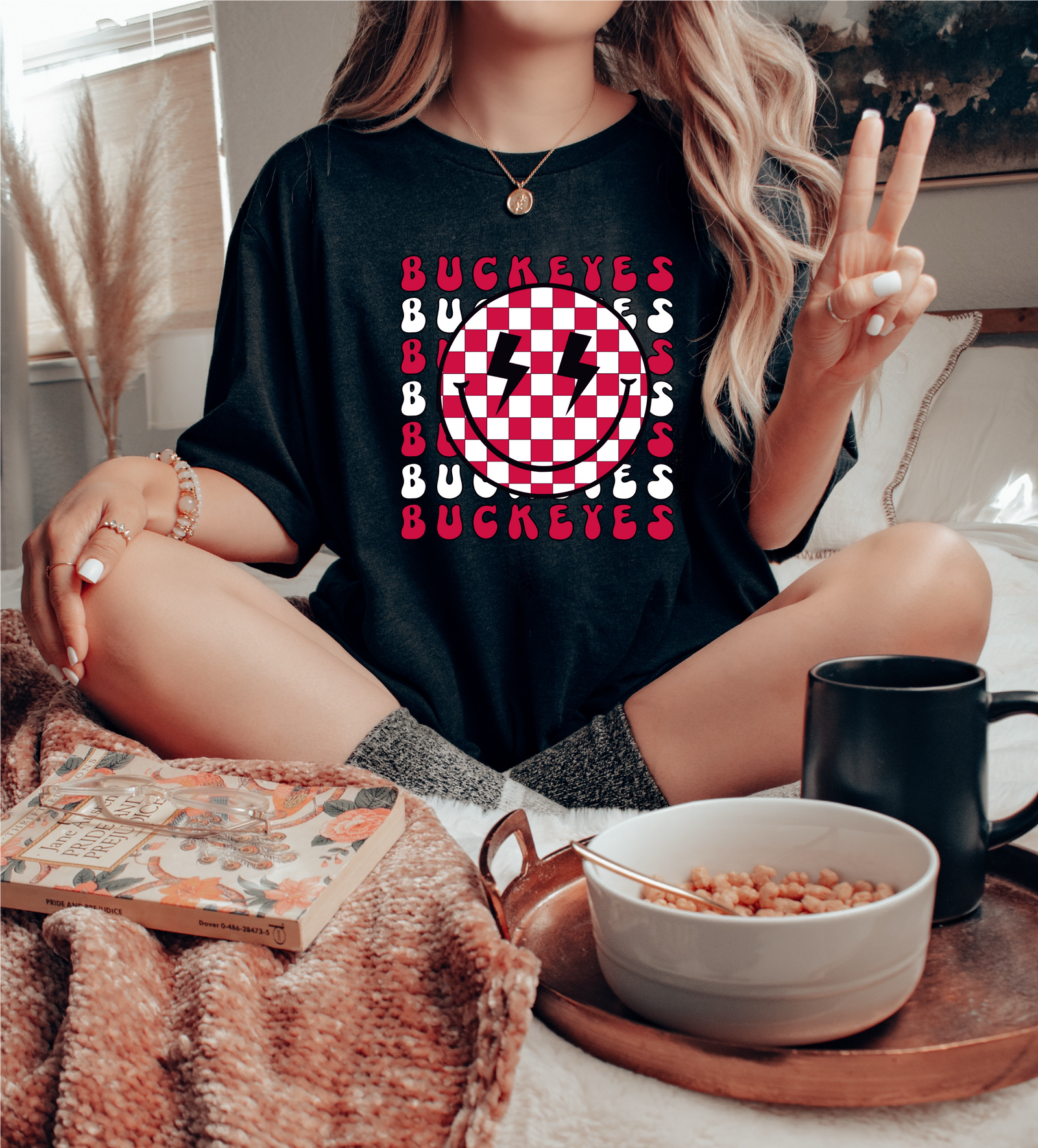 Retro Smiley Buckeye State Tee – Checkered Design