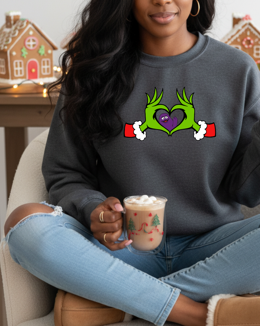 Grinch Got a Crush on Grimace Charcoal Crewneck Sweatshirt