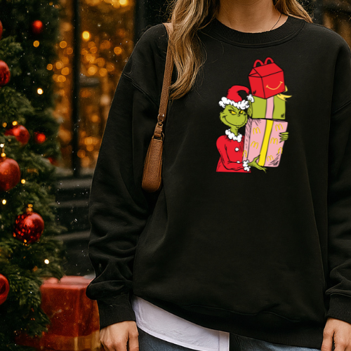 Grinchmas Crewneck – Stacked Presents & Holiday Mischief