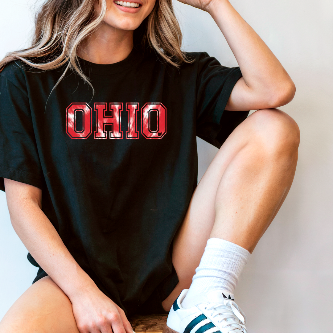 Black Ohio Pride Tee – Red & White Tie-Dye Design