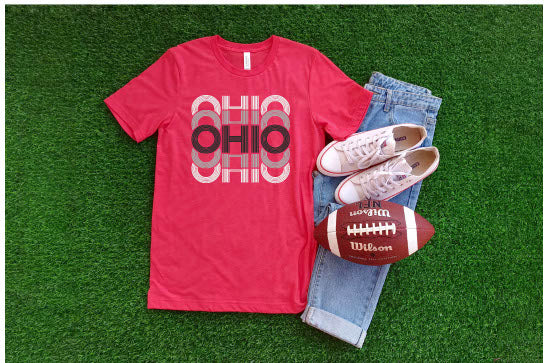 Buckeye State Pride Tee – Red Shirt with Ohio Print